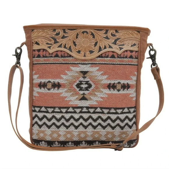 Myra Bag Boho Tooled Leather & Canvas Shoulder Bag New - Picture 3 of 9